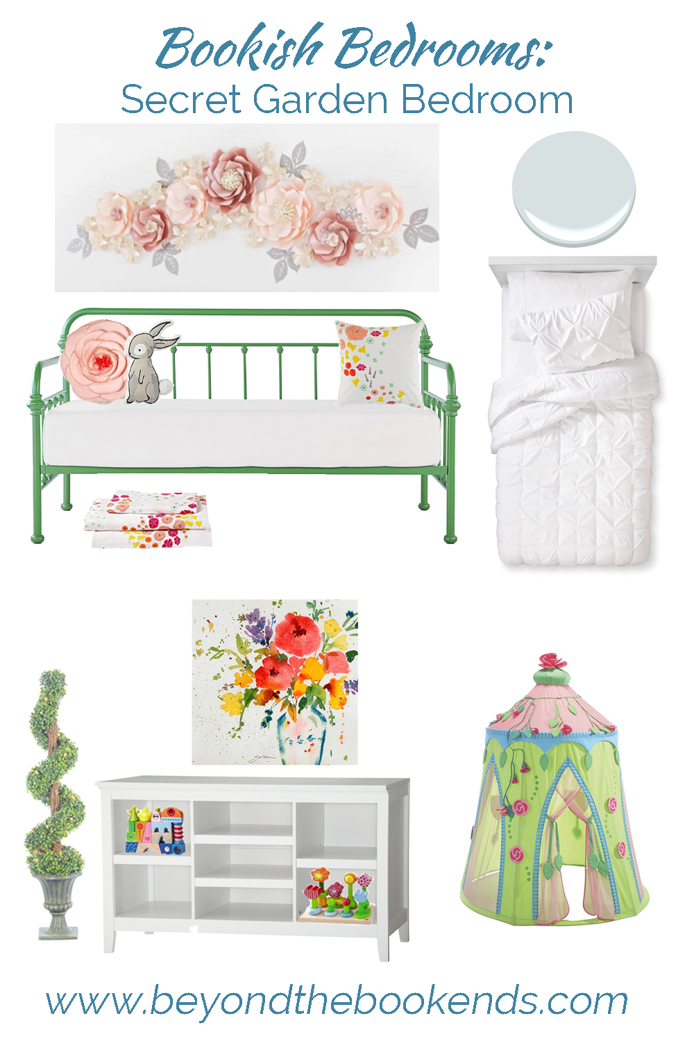 This secret garden bedroom is perfect for an little girls! The giant flowers and bench-like bed are perfect for a secret garden nursery.
