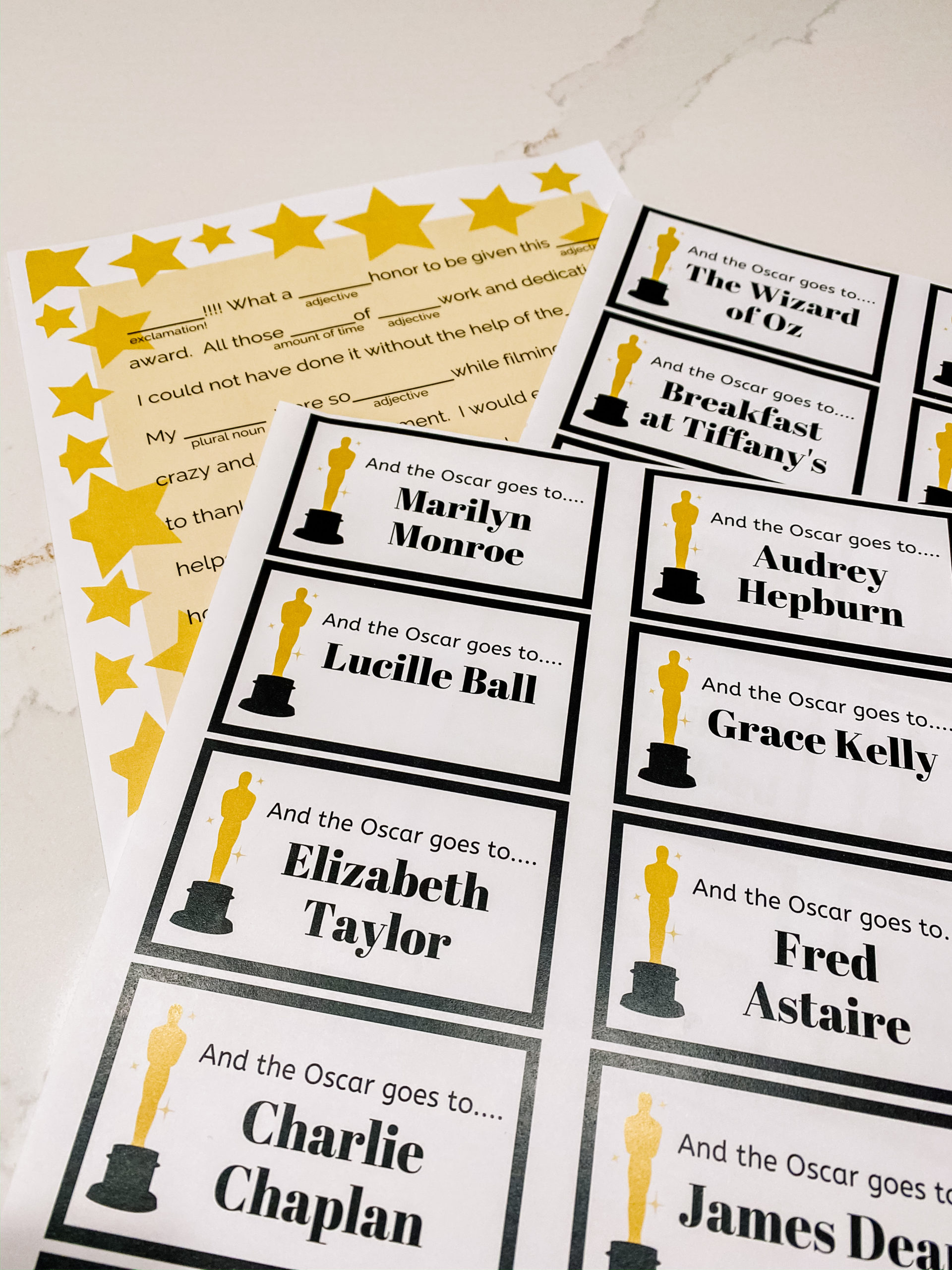 Free Downloads! Charades and Mad-libs style speech for Oscar party.