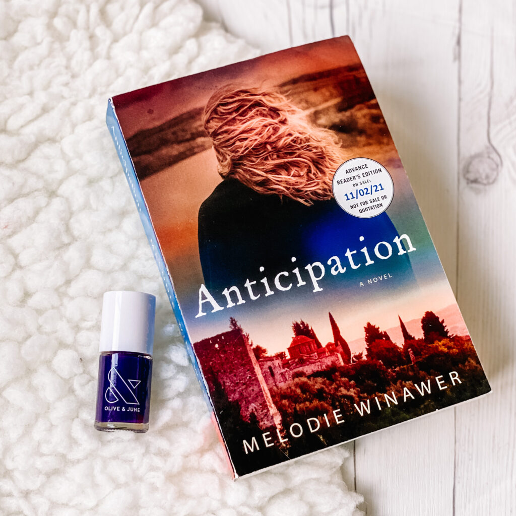 Anticipation and Velvet Pouf by Olive and June are the perfect addition to this mani book club.